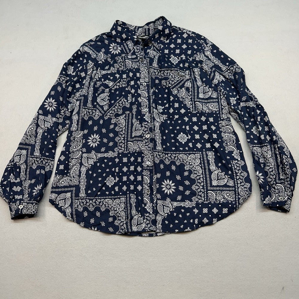Wrangler womens Retro Paisley Shirt Navy White Long Sleeve Button-Up Sz M